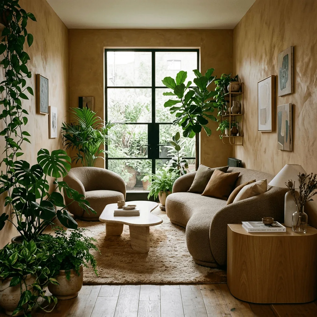 A beautifully styled 2026 living room showing interior design trends like warm plaster walls, curved boucle furniture, and lush indoor plants.