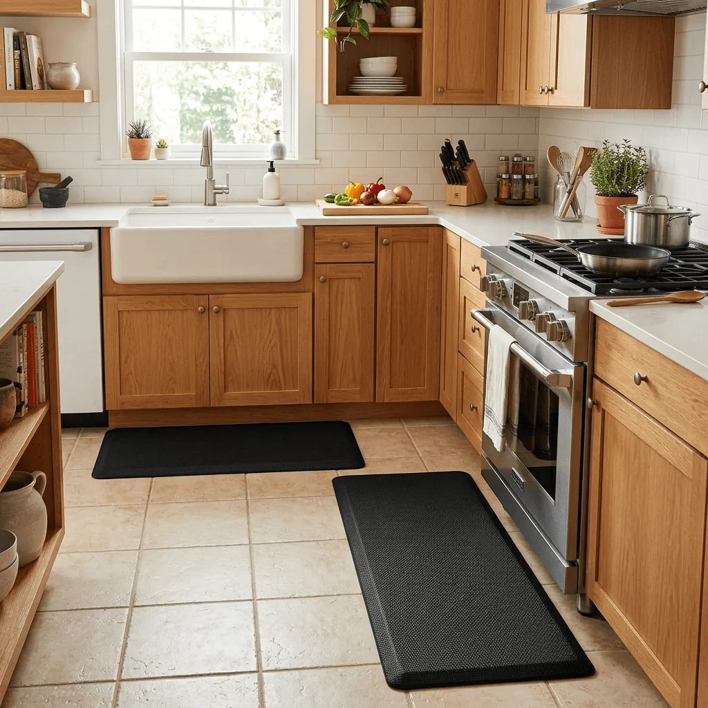 Two black anti-fatigue kitchen mats laid on a bright modern kitchen floor with warm natural light, wood cabinets, and clean neutral countertops — cozy and functional kitchen decor.