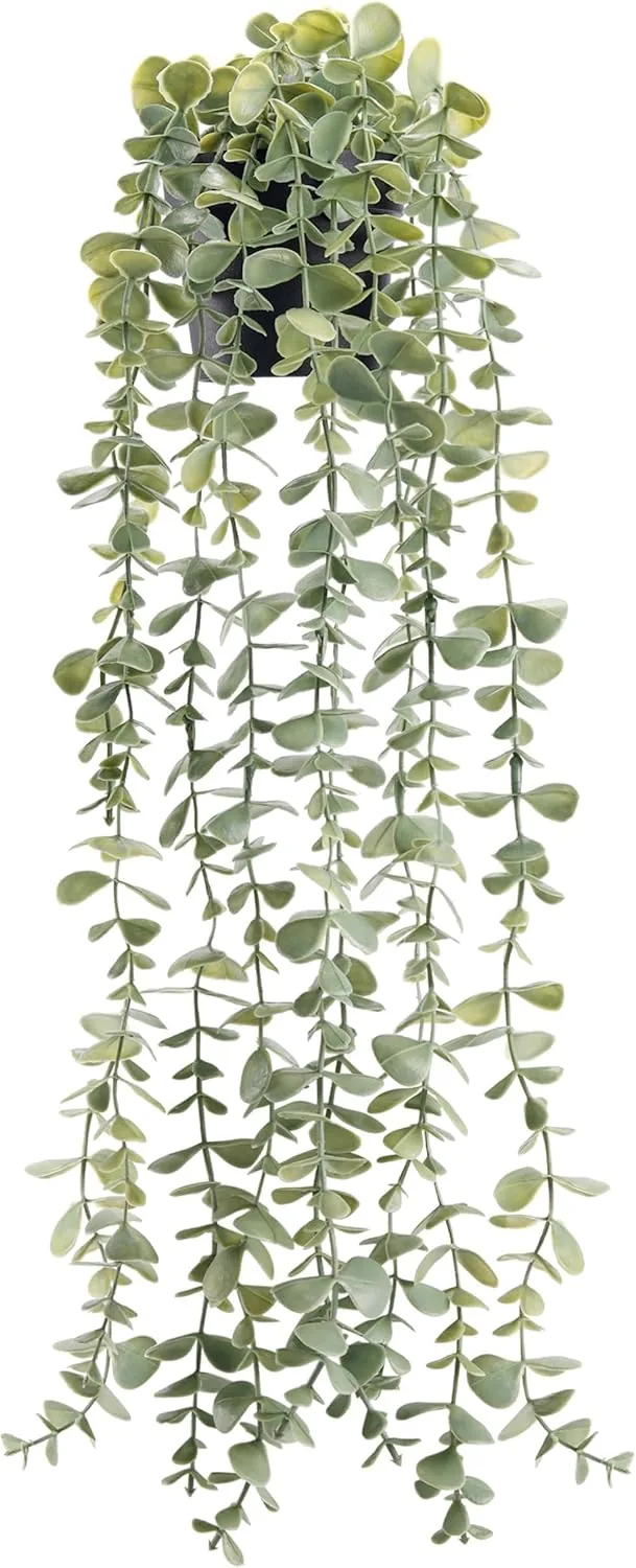 Hanging faux eucalyptus plant with trailing sage green leaves in a small black pot on a clean white background, ideal for boho faux eucalyptus bathroom shelf decor