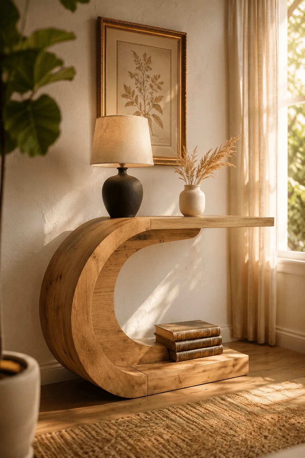 Modern C-shaped console table in warm natural wood with sculptural curved design, styled in soft-lit entryway with black table lamp, ceramic vase, and decorative books on lower shelf