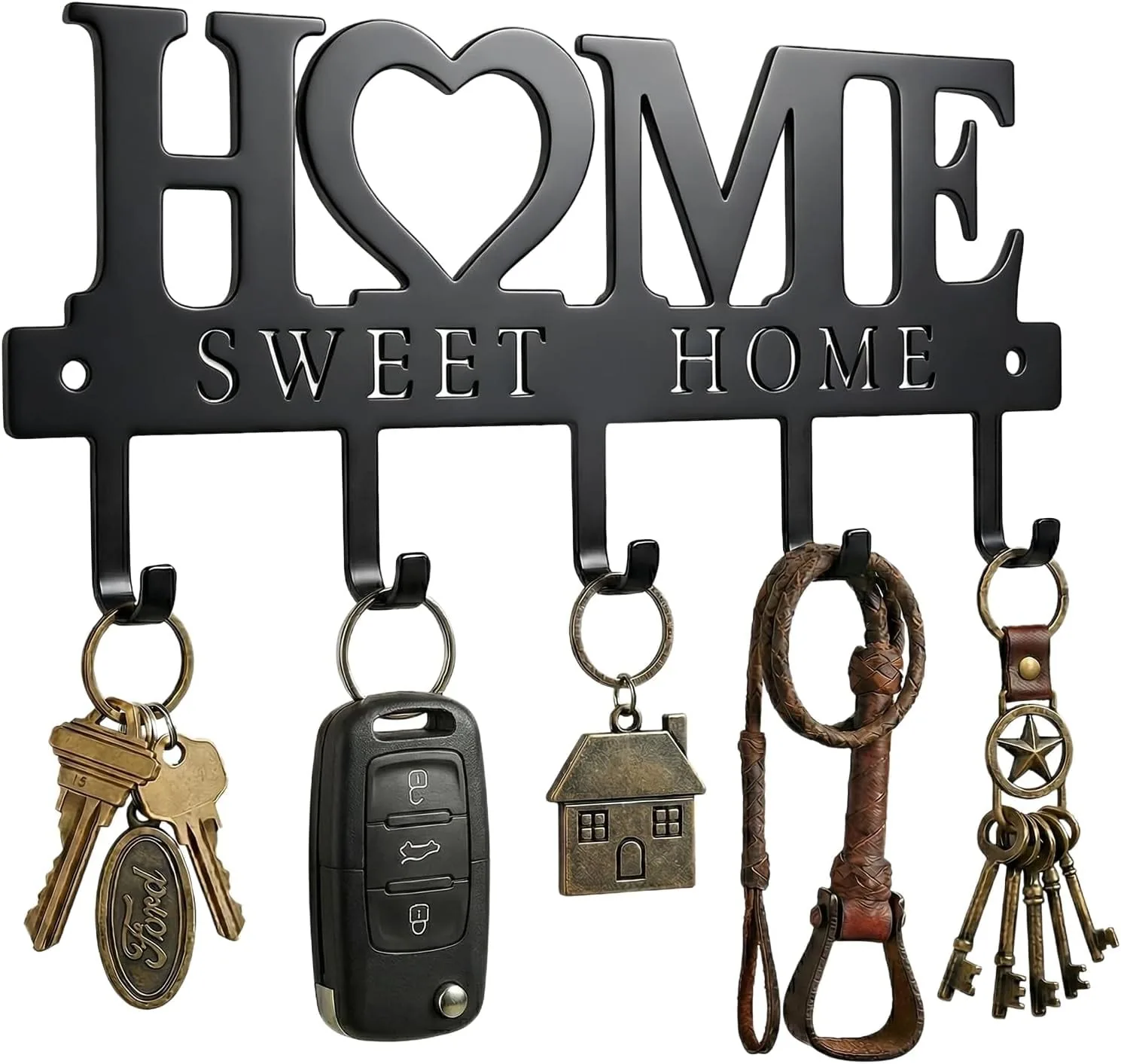 Black metal HOME entryway key holder ideas styling with five hooks holding keys and small everyday items, as a practical wall organizer with cozy decor appeal.