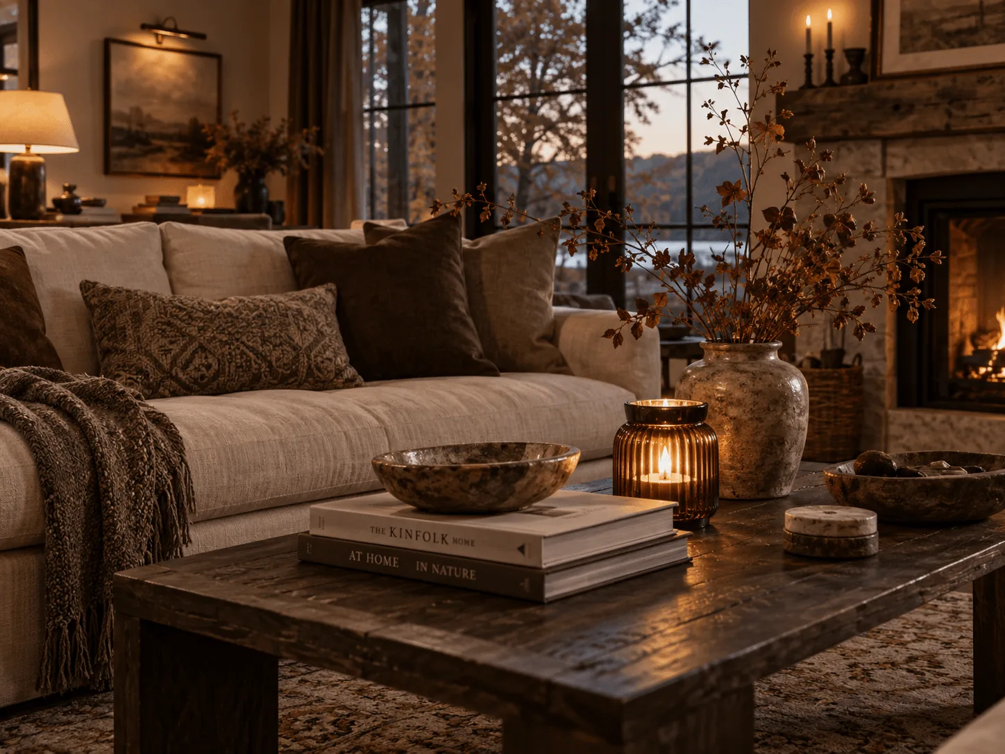Asymmetric minimalist fall fireplace mantel decorated with dried wild grasses in rough terracotta urn, raw oak wood, slender brass candleholders, and white mini pumpkins