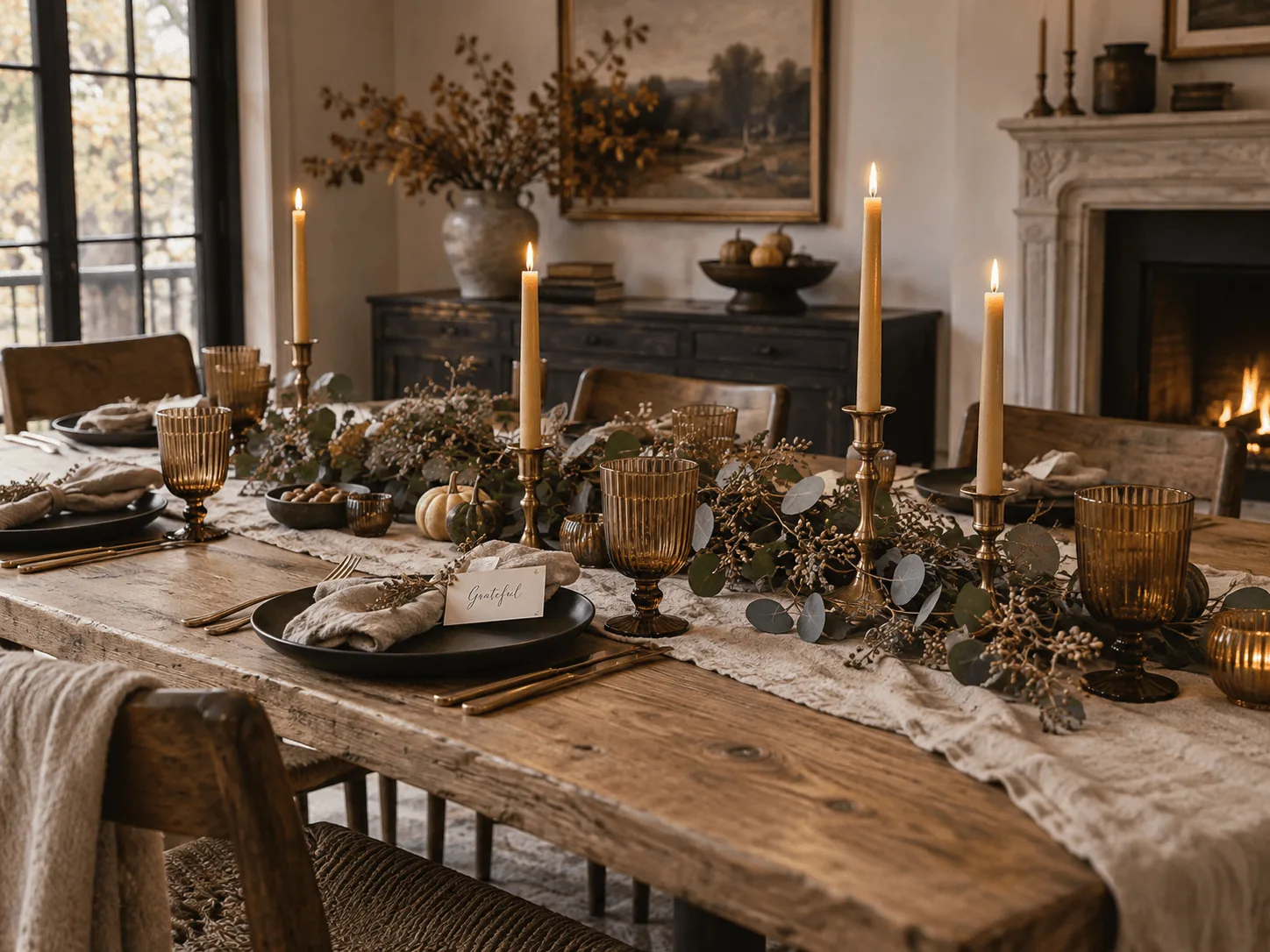 Textured raw-edge oat linen table runner styled with dark walnut dining table, dried floral stems in ceramic bud vases, and warm beeswax pillar candles