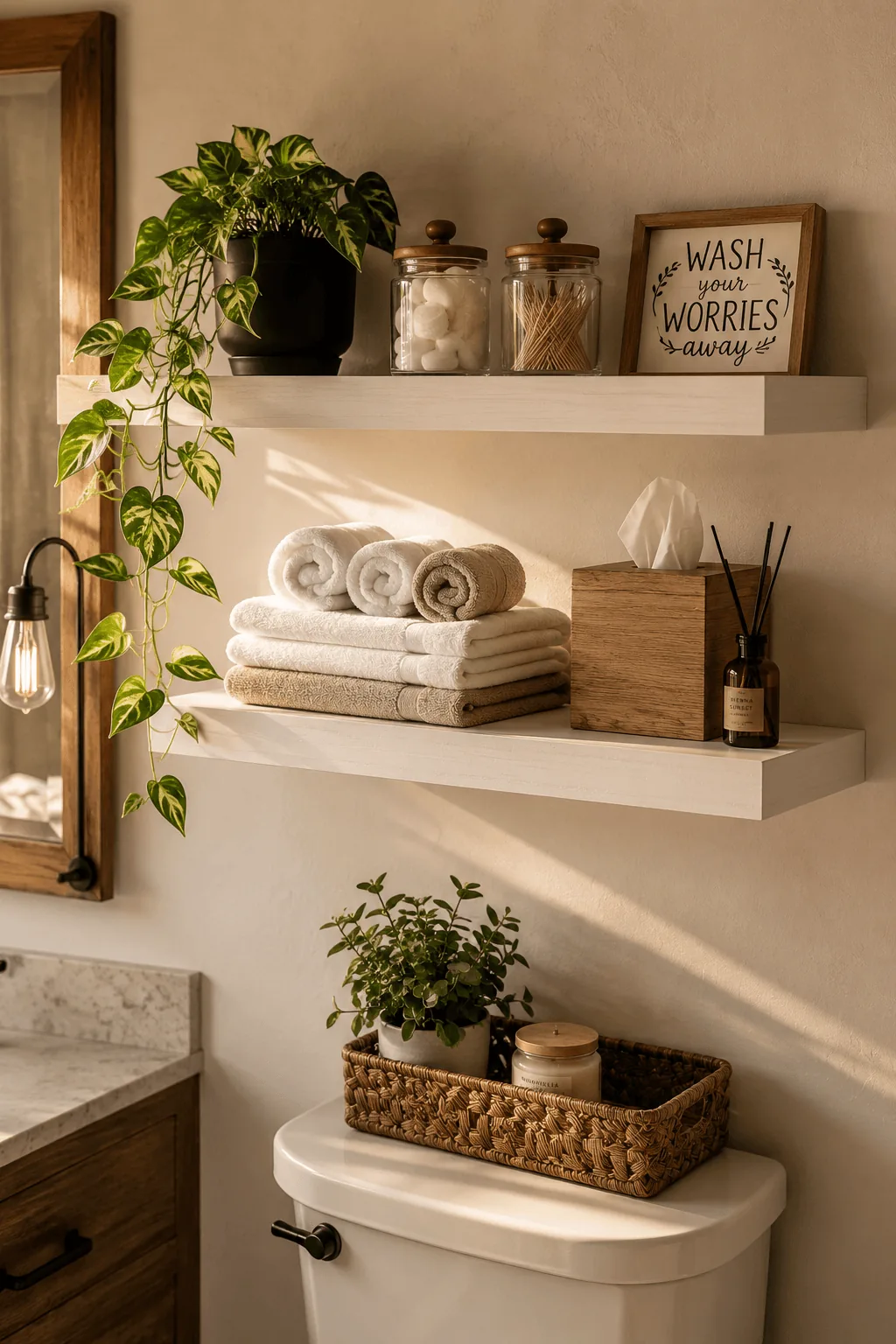 White floating bathroom shelves styled with rolled towels, glass jars, farmhouse signs, and trailing green plants in a bright, cozy bathroom setting with natural wood accents