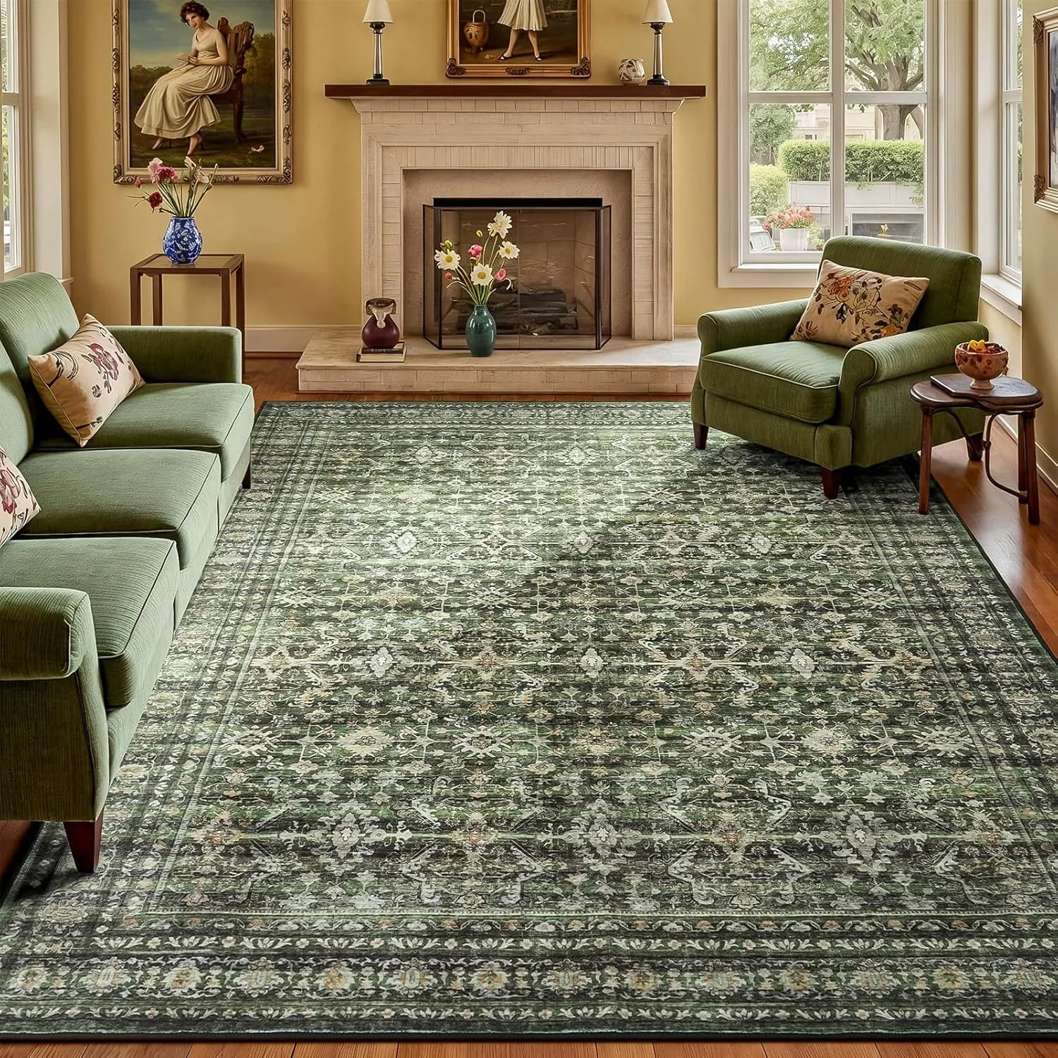 Cozy living room with a large green vintage-style area rug showing green rug living room ideas