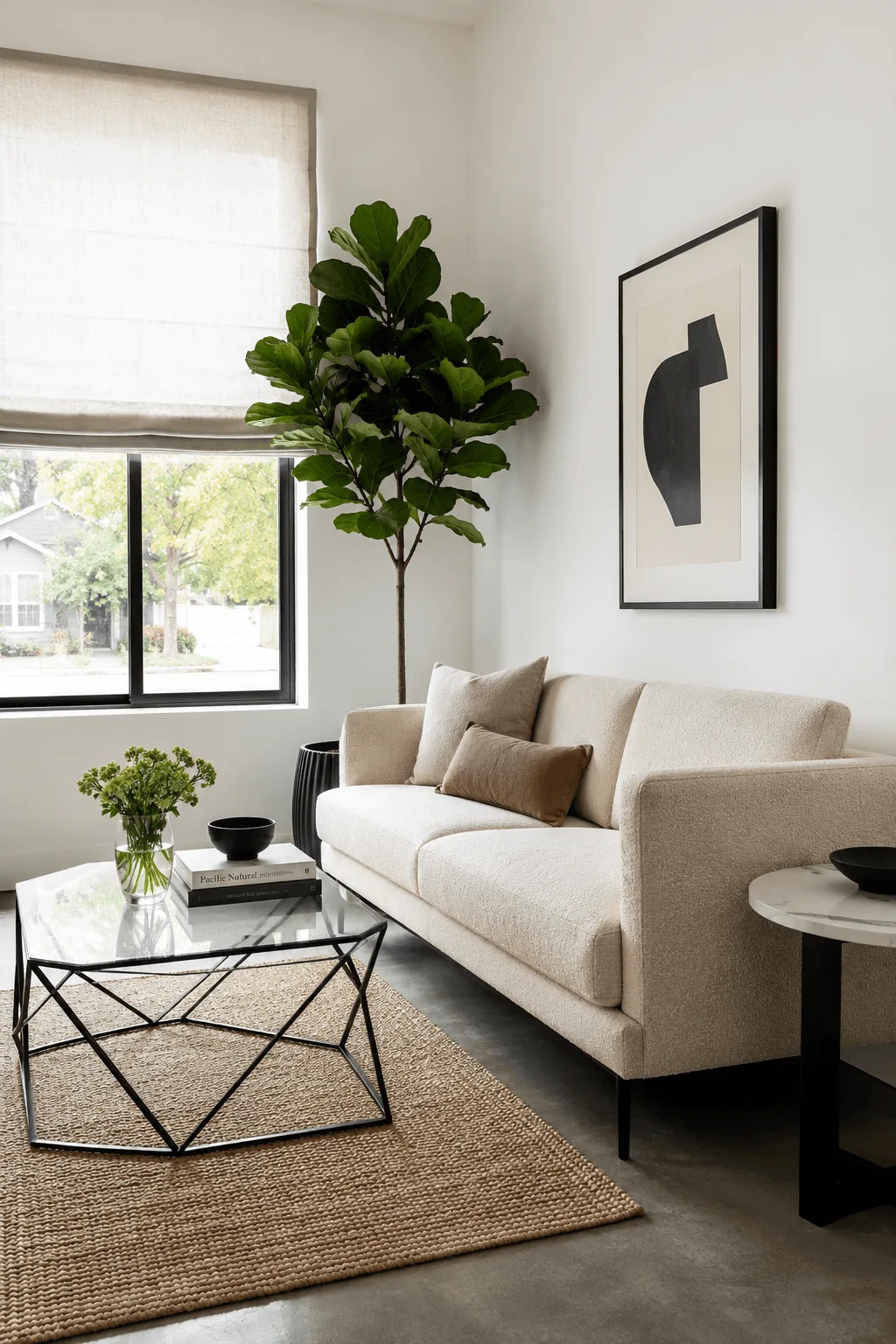 Living room arranged around a tall window with afternoon light spilling across a linen sofa for living rooms that don't compete with the window