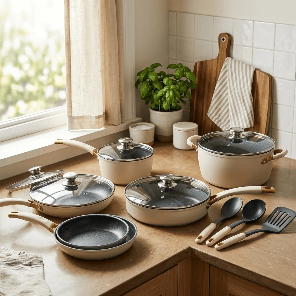 16-piece nonstick pots and pans cookware set arranged on a warm-toned kitchen counter with soft natural window light, neutral beige and cream tones.