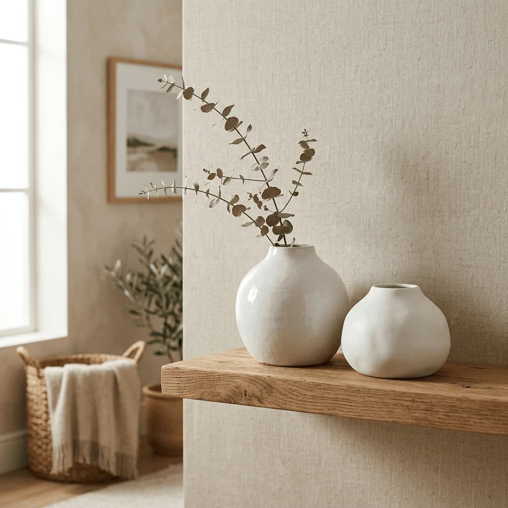 Set of two milky white ceramic vases in organic rounded shapes on a natural wood shelf with a dried eucalyptus branch, warm neutral boho room