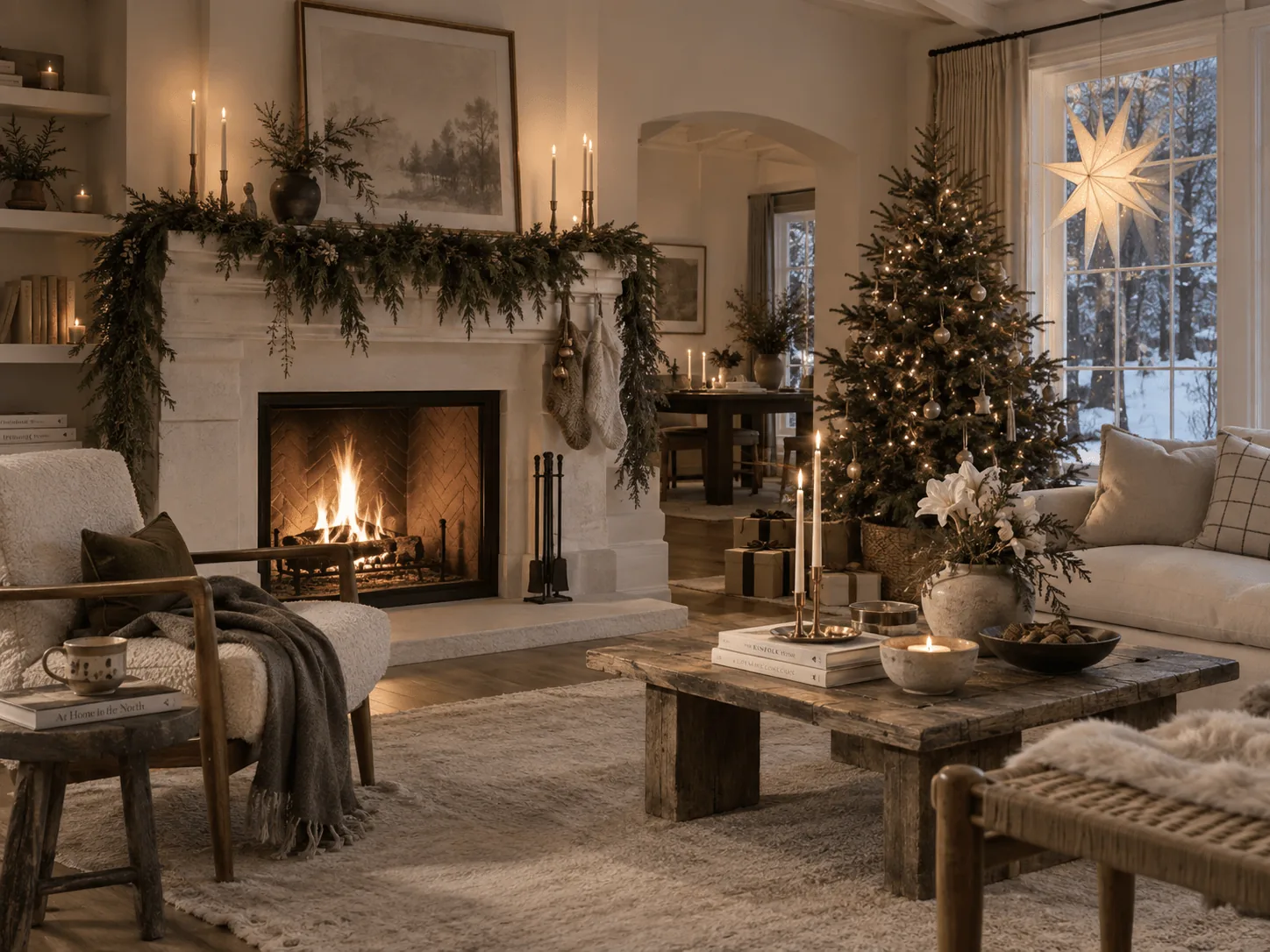 Lush real-touch Norfolk pine garland draped effortlessly across a living room staircase banister, accented with thin champagne velvet ribbon and warm fairy lights