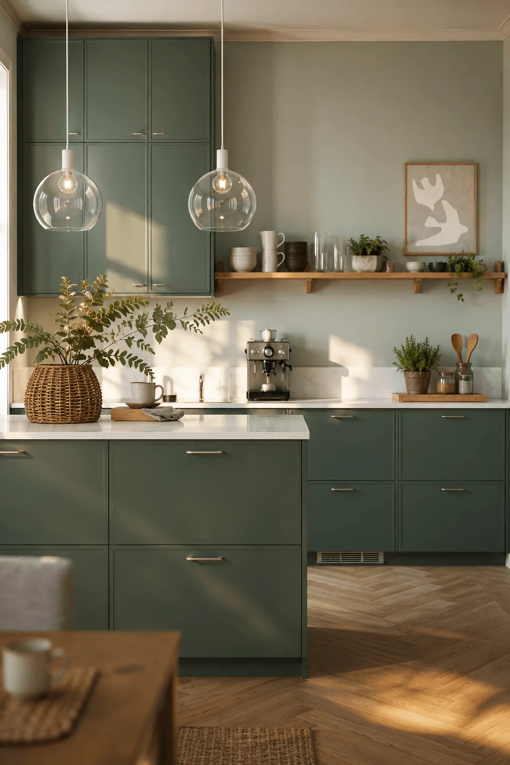 Warm ambient under-cabinet LED lights glowing softly in a modern minimalist kitchen, illuminating open shelves with ceramic jars and small potted herbs at dusk.