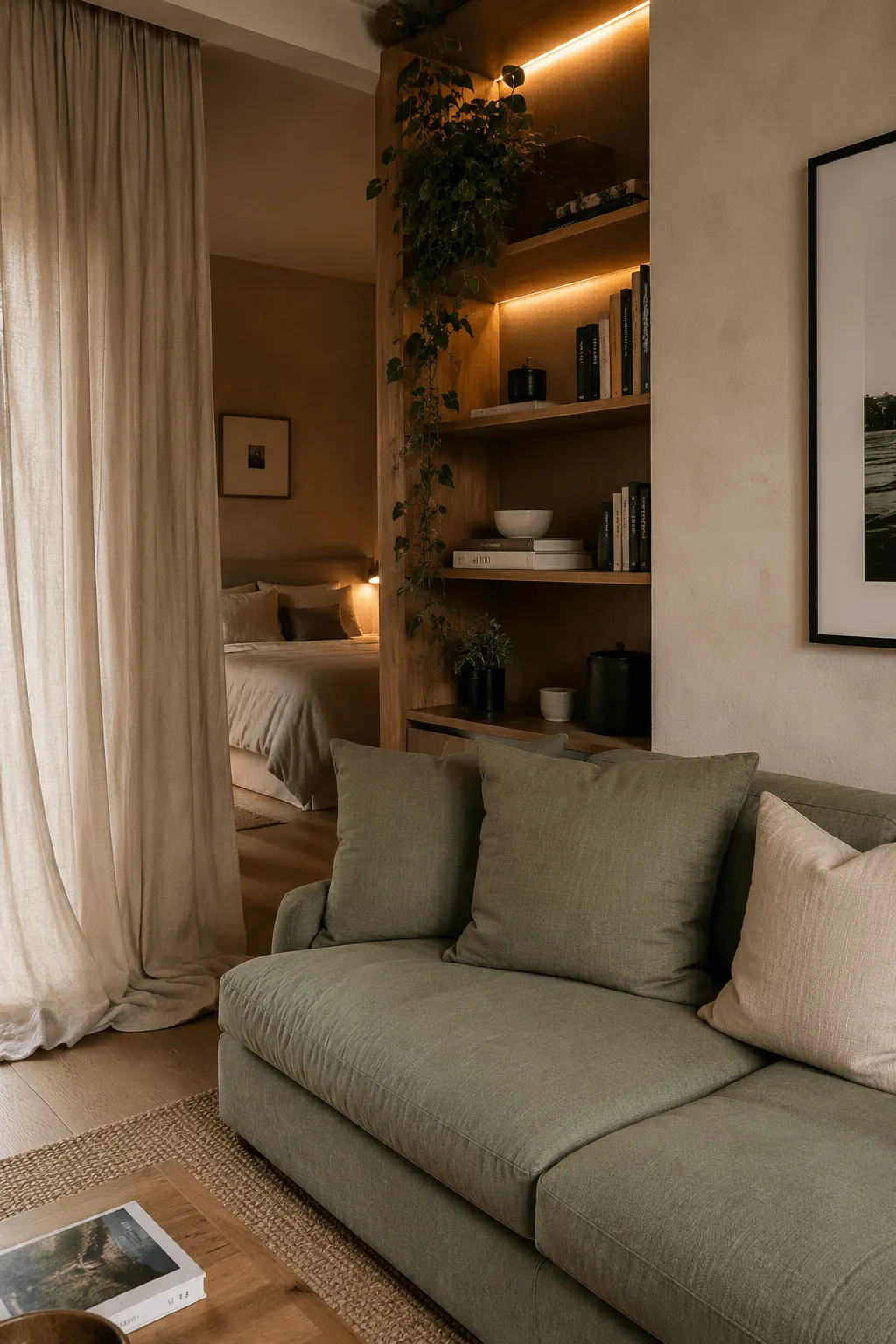 A bolt of natural linen and tailoring shears on a wooden table for DIY linen curtain