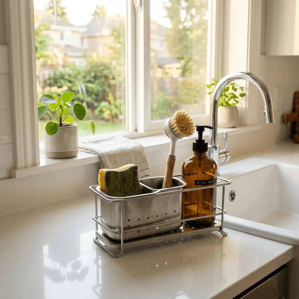 Stainless steel sink caddy holding a sponge, dish brush, and soap dispenser on a clean white kitchen counter with warm natural window light. Perfect for kitchen sink organization.