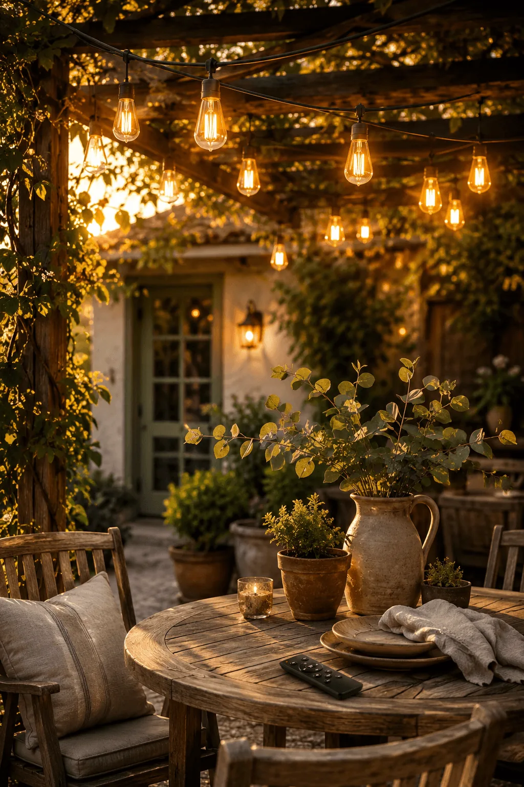 Edison-style string lights with warm glow and a hand holding the remote control