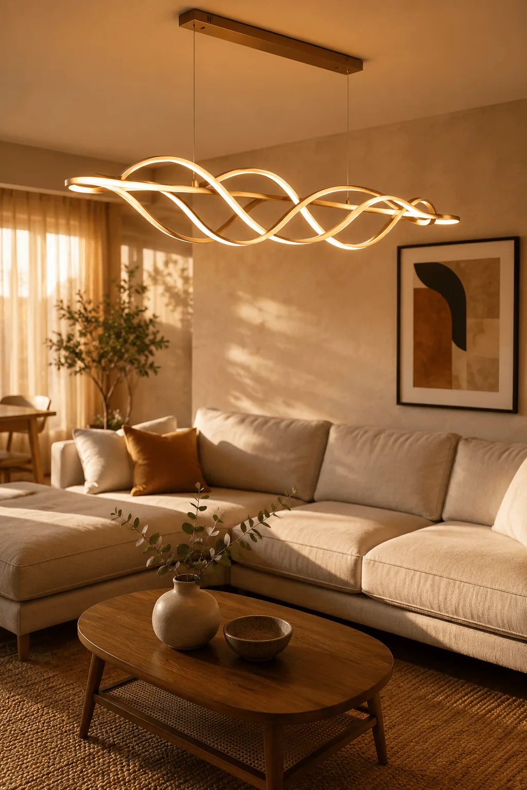 Modern twisted spiral LED chandelier in warm golden light hanging above beige sectional sofa in cozy minimalist living room with natural textures and golden hour ambiance for modern twisted chandelier