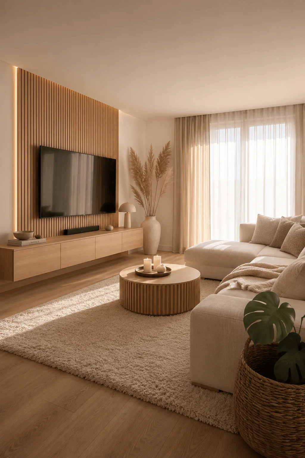 Cozy autumn living room with warm fall lighting, amber glass table lamps, dimmable floor uplights, real beeswax taper candles on rustic console, and glowing architectural ambiance