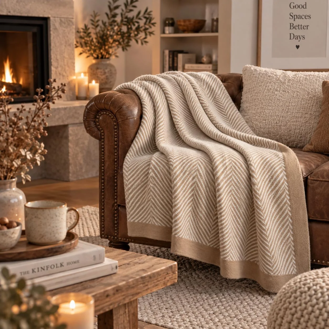 Decorative Beige Herringbone Throw, 130×170 cm