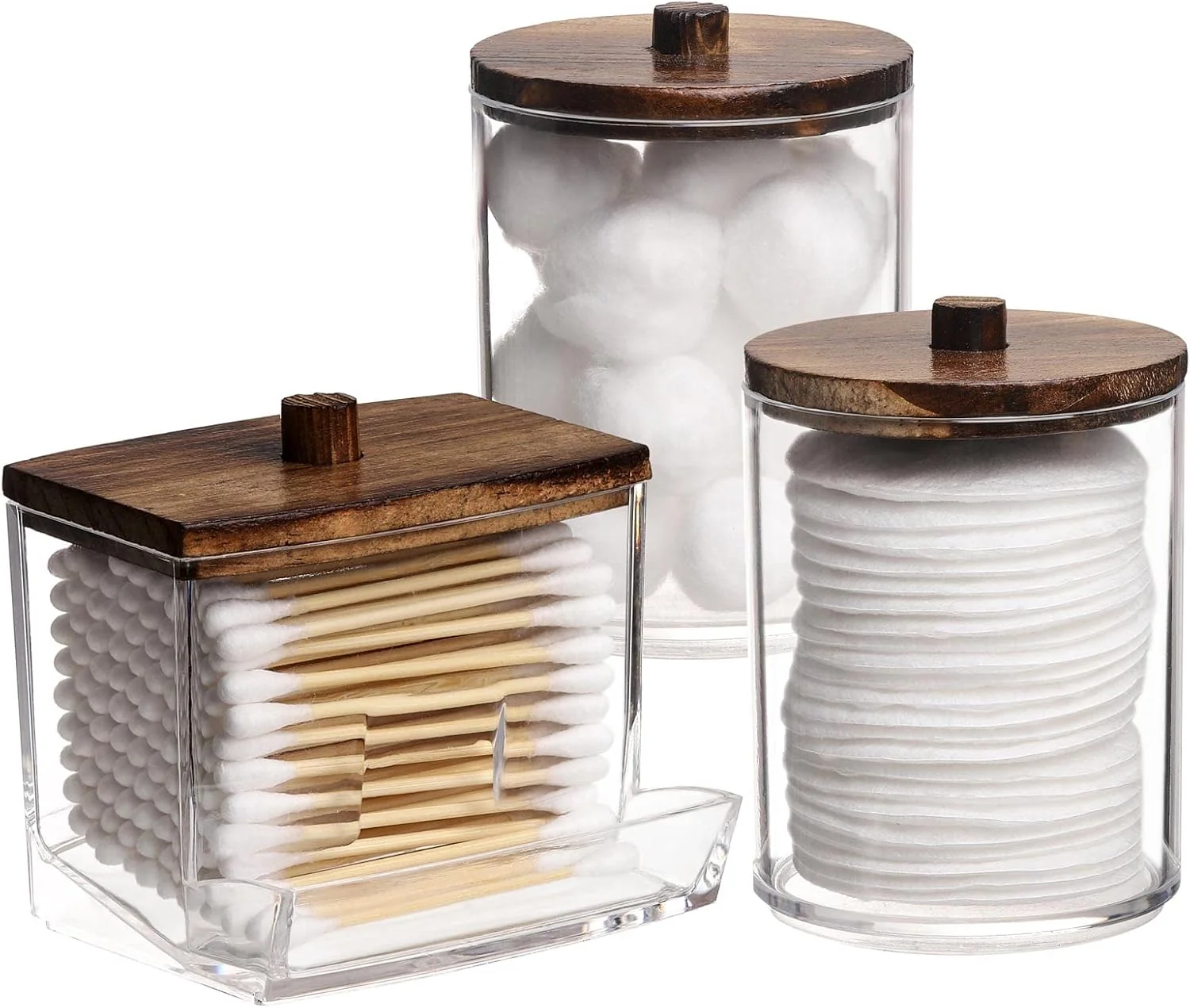 Clear Bathroom Apothecary Jars with Warm Wood Lids