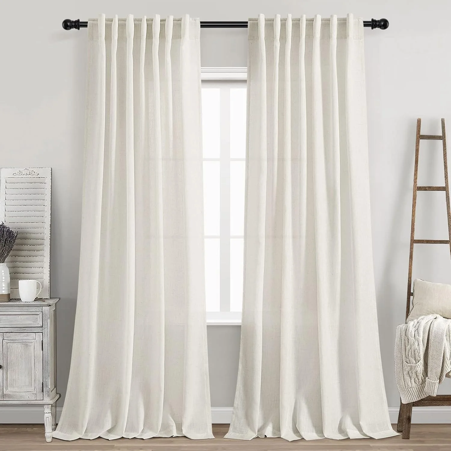 Cream Linen Back Tab Curtains, 84 Inch