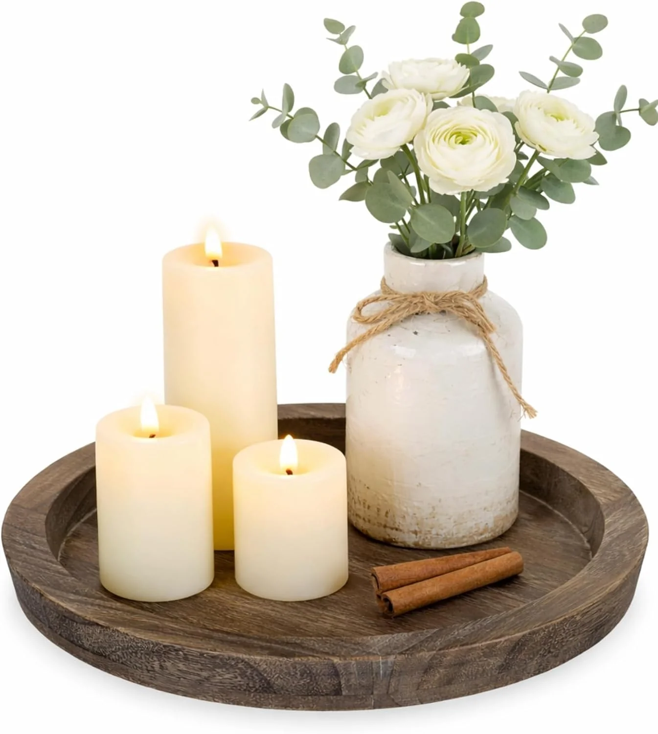 Hanobe Candle Plate Holder Tray, Round Wood Decorative (Distressed)