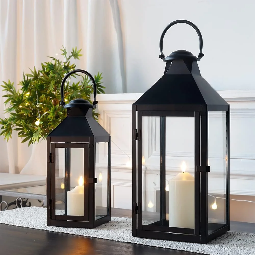 JHY DESIGN Set of 2 Black Decorative Lanterns (17.5" & 13.5")