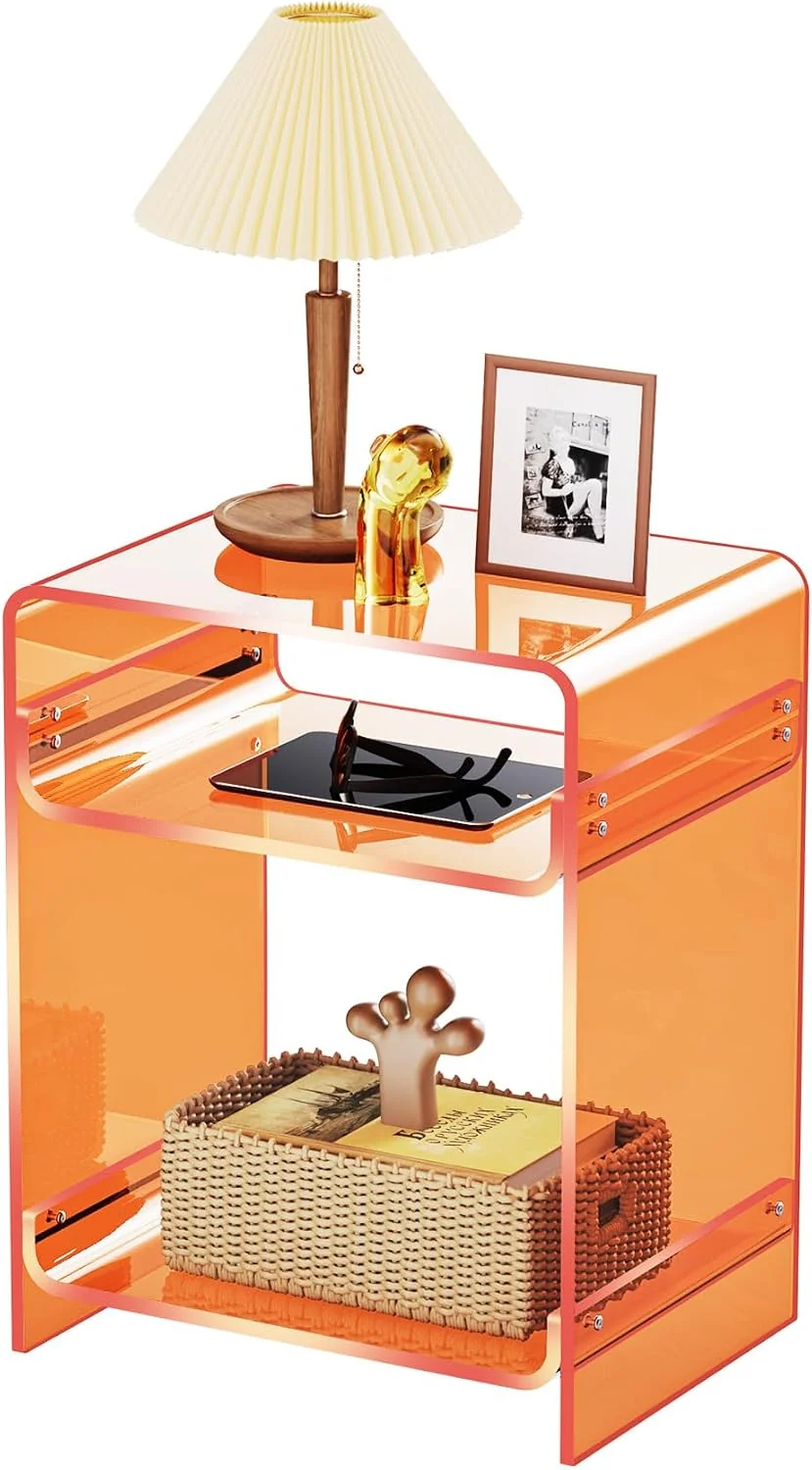 Acrylic Record Player Table | Orange Storage Side Table Decor