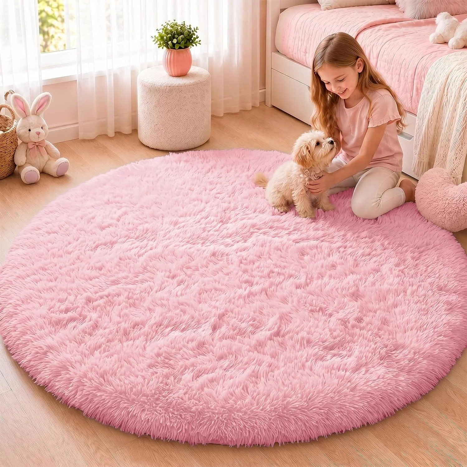 Soft Washable Pink Round Shag Rug