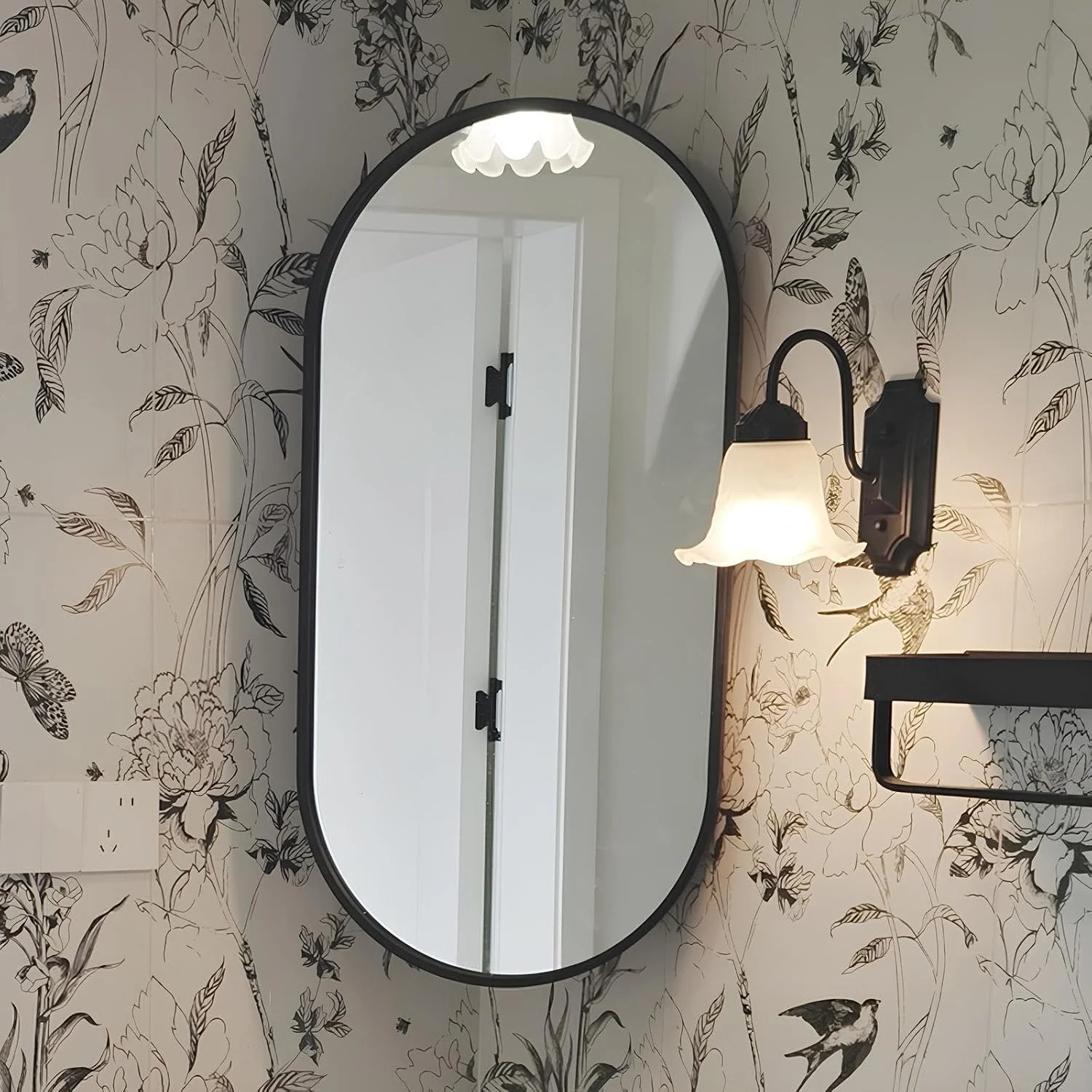 Swivel Corner Mirror, Oval Bathroom Mirror with Metal Frame (Black, 30×60 cm)